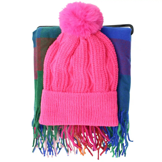 Couture Gems Plaid Oblong Scarf & Knit Hat Set