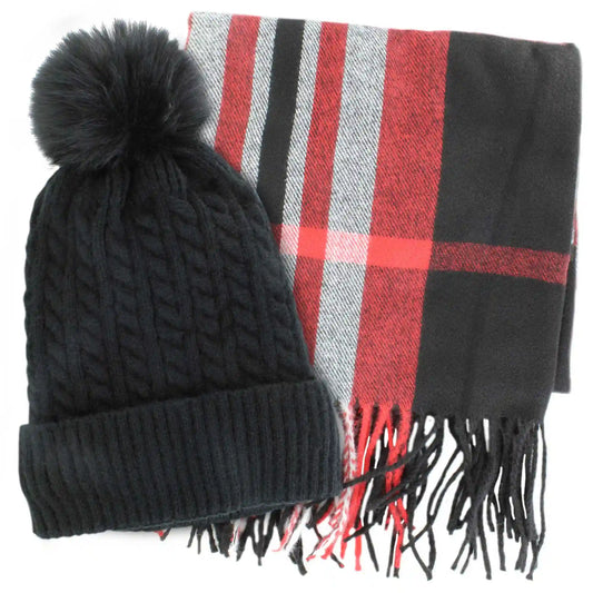 Couture Gems Oblong Red Plaid Scarf and Hat Set