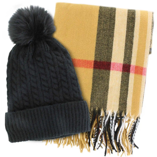 Couture Gems Oblong Camel Plaid Scarf and Hat Set