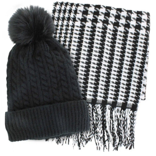 Couture Gems Oblong Houndstooth Scarf and Hat Set